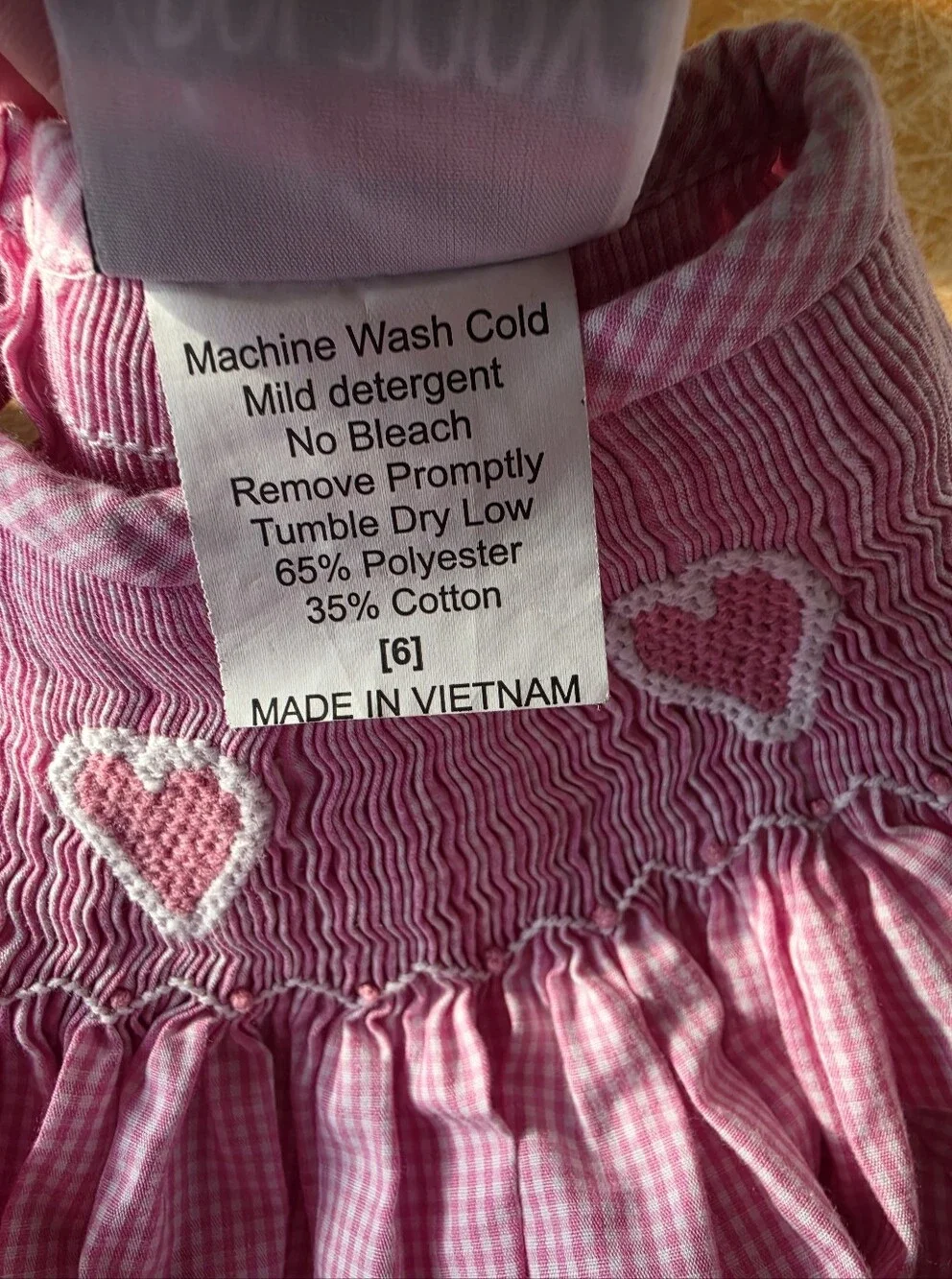 DELANEY Girls Size 6 Pink Gingham Smocked Bishop Dress Heart Embroidery Boutique